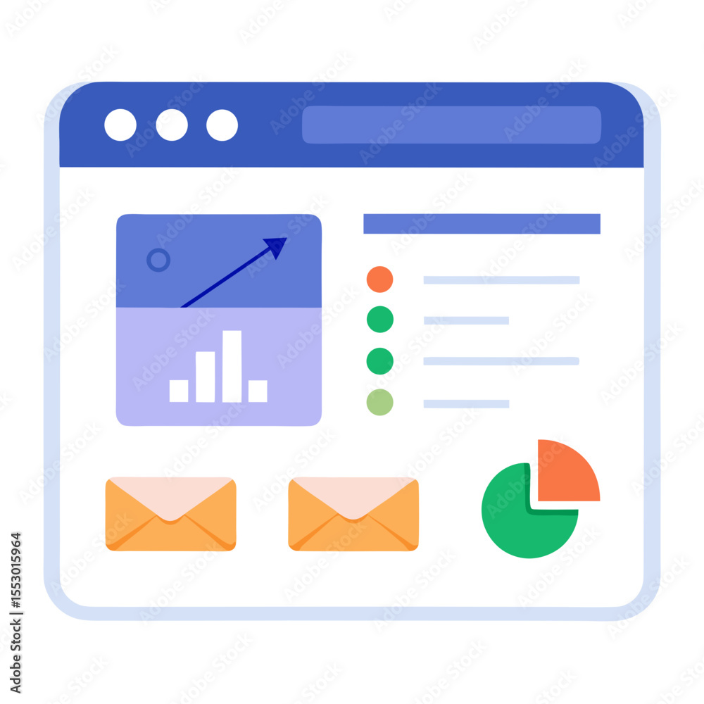 Poster digital dashboard with graphs and email icons for business analytics