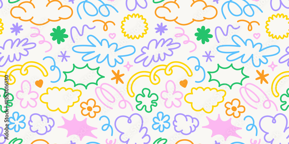 Aufkleber Vector seamless pattern with doodles and scribbles, abstract background elements for branding, packaging, prints and social media posts