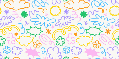 Vector seamless pattern with doodles and scribbles, abstract background elements for branding, packaging, prints and social media posts