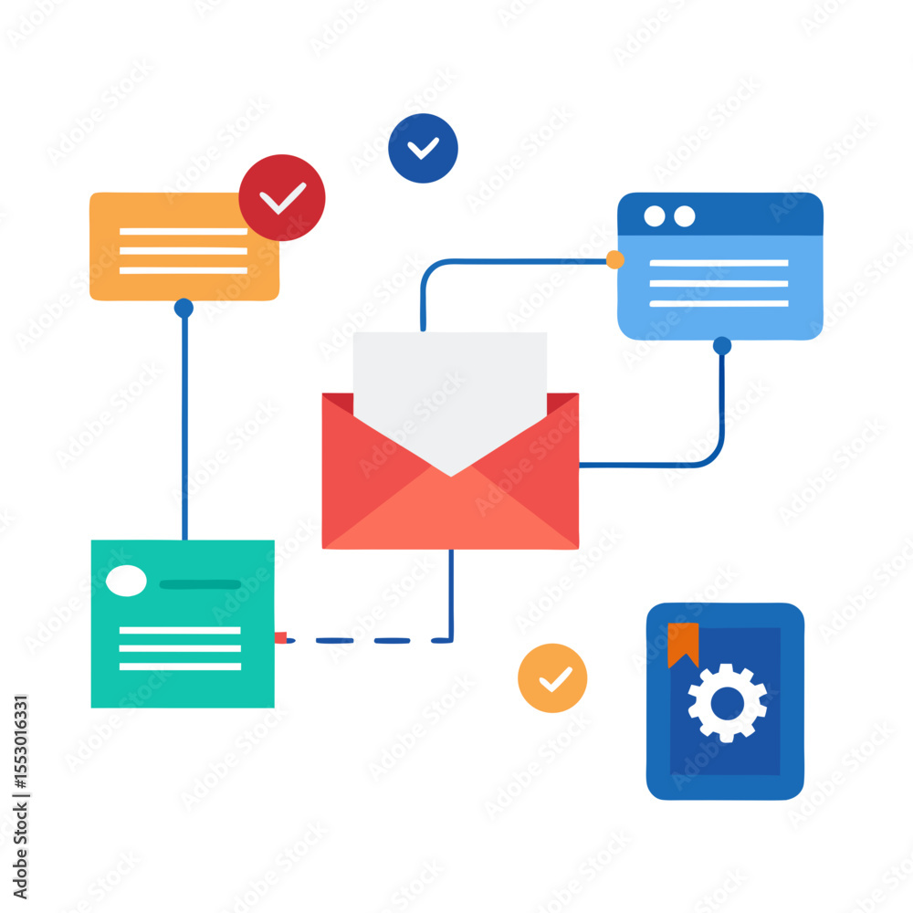 Aufkleber email communication workflow with connected digital elements and task completion indicators