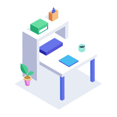 Isometric desk setup with plant and coffee cup