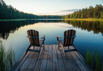 Fototapeta premium Two wooden Adirondack chairs on a tranquil dock overlooking a serene lake at sunrise