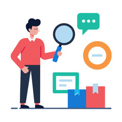 Man with magnifying glass inspecting boxes and data