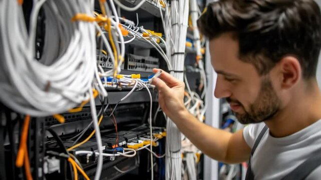 Technician working on network equipment