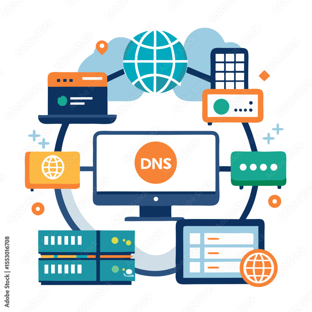 Aufkleber DNS domain name system and web server network system concept Domain registration website name url address web page and hosting on website creation Search website on computer laptop modern flat design