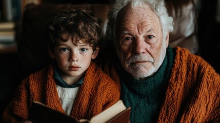 A touching bond is portrayed between a grandfather and his grandson, both wrapped in cozy blankets, as they share a moment of storytelling, embodying love and familial connection.