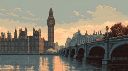 Fototapeta premium Depiction of the Palace of Westminster, Elizabeth Tower, and Westminster Bridge in an illustrated style. 