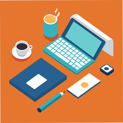 Isometric workspace setup with laptop coffee and notebook