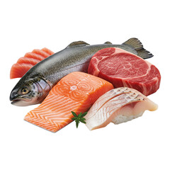 Raw beef steak, chicken breast, and salmon on Isolated transparent background png. generated with AI