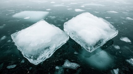 Two pristine ice blocks float serenely in tranquil waters, depicting the stark beauty of winter and the delicate balance of nature's frozen elements.