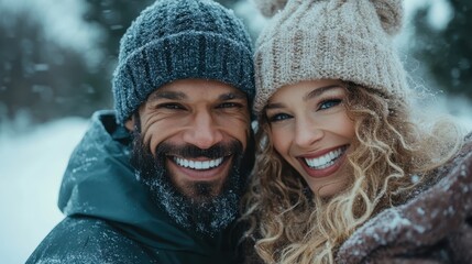 A joyful couple embracing in a snowy winter landscape captures the essence of love and happiness in the midst of a serene, frosty environment.