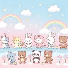 Obraz premium Adorable Kawaii Animals Walking Rainbow Pastel Landscape