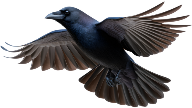 Crow flying with wings extended, motion captured in air, transparent background