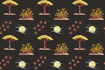 Watercolor Night Safari Pattern: Trees, Moon, and Tracks on Dark Grey Background – Ideal for Kids' Decor