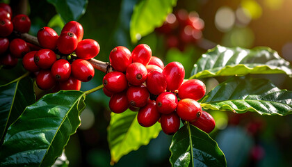 Obraz premium Vibrant red coffee cherries grow on lush green coffee plant, showcasing beauty of nature bounty in sunlit environment