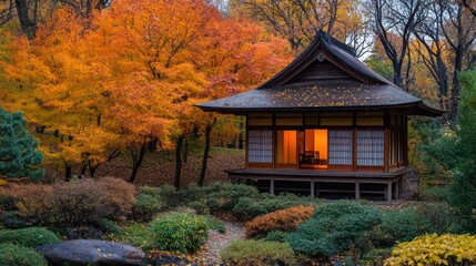 Japanese Teahouse Amidst Vibrant Autumn Foliage in Serene Garden Setting