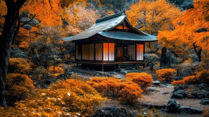 Autumnal Serenity: Japanese Tea House Amidst Vibrant Foliage