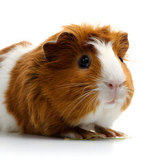 A brown and white guinea pig is looking at the camera
