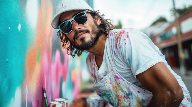 A focused male artist with curly hair and sunglasses appears amidst a vibrant background, passionately painting a mural, showcasing urban artistic expression and creativity.