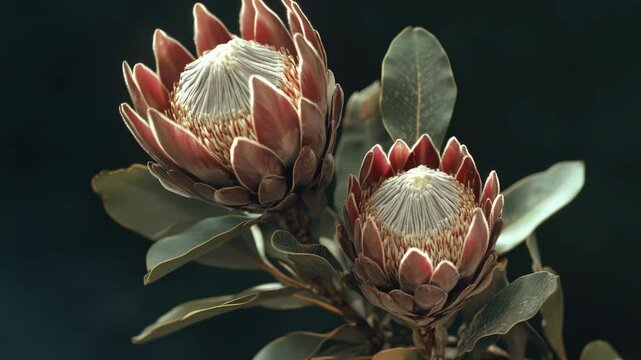 Close-up of two protea flowers in bloom, showcasing their vibrant red and yellow petals against a backdrop of green foliage. Proteas are native to South Africa and symbolize endurance and diversity.