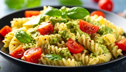 Avocado Pasta with Cherry Tomatoes. Vegetarian Meal Close Up