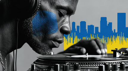 Graphic collage with DJ spinning vinyl and vibrant beat flows merging into layered musical structures