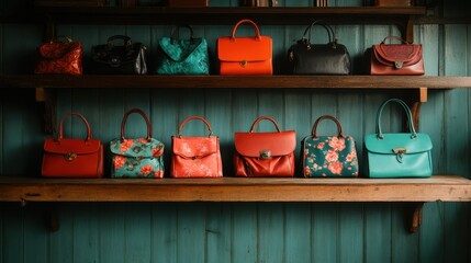 A collection of vibrant handbags beautifully arranged on a rustic shelf, showcasing a variety of colors and styles that appeal to fashion enthusiasts and collectors alike.