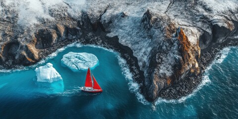 yacht with red sails near a glacier in the sea