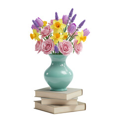 Spring Bouquet in Teal Vase on Stacked Books isolated on transparent bacckground