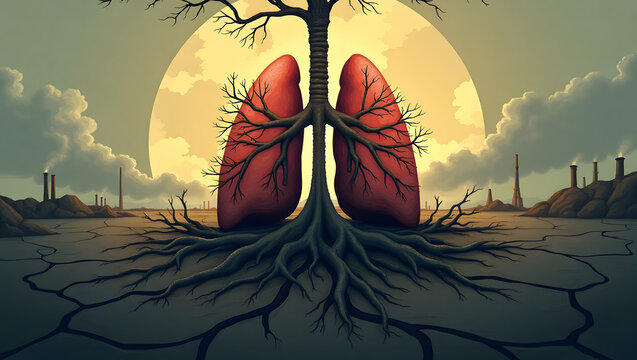 A hauntingly surreal illustration depicting the lungs as tree roots deeply entrenched in a deteriorating Earth
