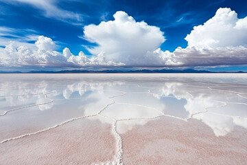 Expansive salt flats with cloud reflections in a clear blue sky