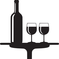 A black silhouette of a wine bottle and two wine glasses on a black table against a white background
