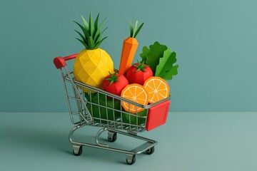 Vibrant Paper Produce Overflowing from a Miniature Shopping Cart displays healthy eating through a creative, colorful, and minimalist art style perfect for marketing.
