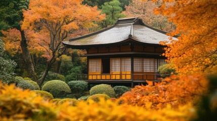 Serene Japanese Pavilion Nestled Amidst Vibrant Autumn Foliage in a Lush Garden