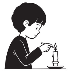 A curious child lights a candle with a match in a simple black and white illustration