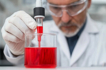 Scientist mixes red chemicals in lab during experiment