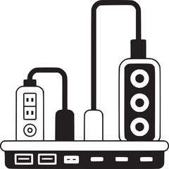 Illustration of a power strip with two devices plugged in, one with a button and one with circles