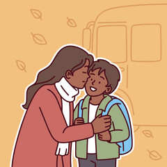Dark-skinned mother hugs child before school on chilly autumn morning sharing emotional and supportive moment together