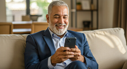 Smiling happy senior mature middle aged man holding cell mobile phone using smartphone sitting at home on couch, scrolling social media, checking financial apps, buying online, texting messages.