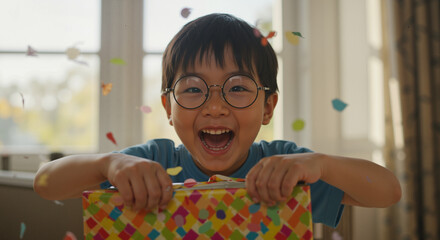 Asian boy joyfully unwrapping a gift surrounded by colorful confetti at home