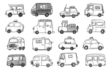 Black and white line art of various stylized vehicles
