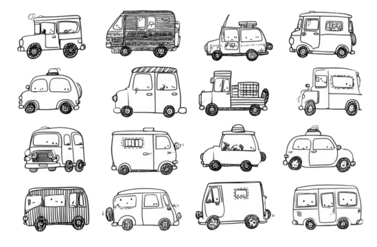 Black and white line art of various stylized vehicles