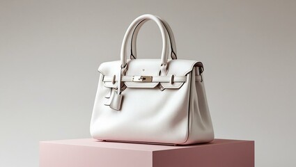 White Leather Handbag on Pink Cube Riser Studio Product Photography