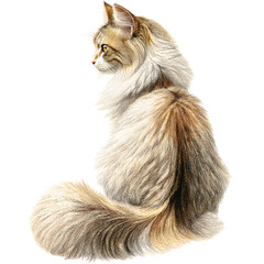 A cat with a long tail is sitting on a white background