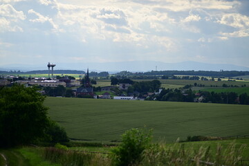 Aerial drone view of the rural landscape around Koberice, Czech Republic. Expansive fields,...