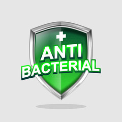 Green Anti bacterial logo silver shield shape, 3d vector isolated on grey background