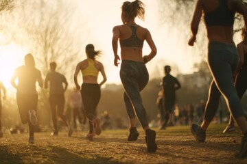 A group of individuals participates in a morning bootcamp session at a park. They run and exercise together in the warm sunlight, promoting fitness and camaraderie in nature