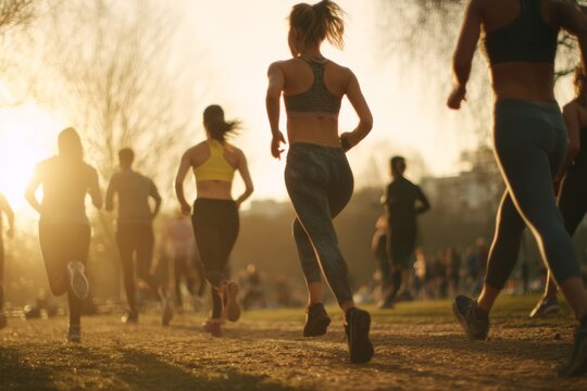 A group of individuals participates in a morning bootcamp session at a park. They run and exercise together in the warm sunlight, promoting fitness and camaraderie in nature