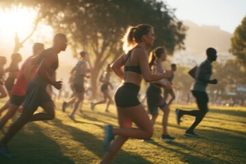 Participants engage in a morning bootcamp session in a park. The vibrant atmosphere showcases individuals running and exercising in the fresh air as the sun rises