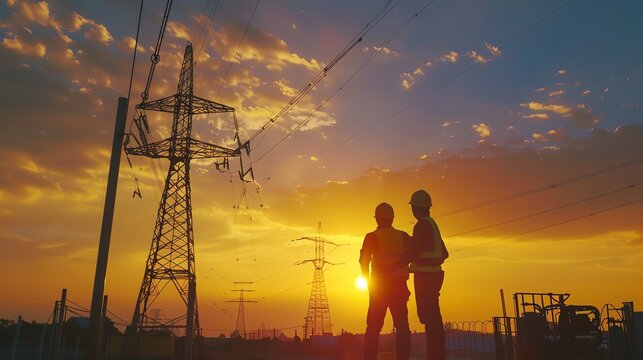 Two engineers in hard hats are standing in front of a high-voltage power line tower at sunset. They are looking at the tower and discussing something.